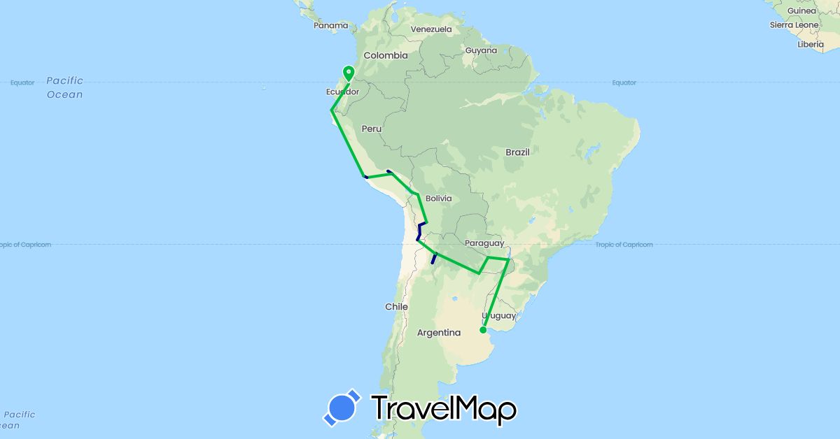 TravelMap itinerary: driving, bus in Argentina, Bolivia, Chile, Ecuador, Peru, Paraguay (South America)